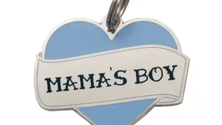Heart-shaped dog tag that says Mama's Boy