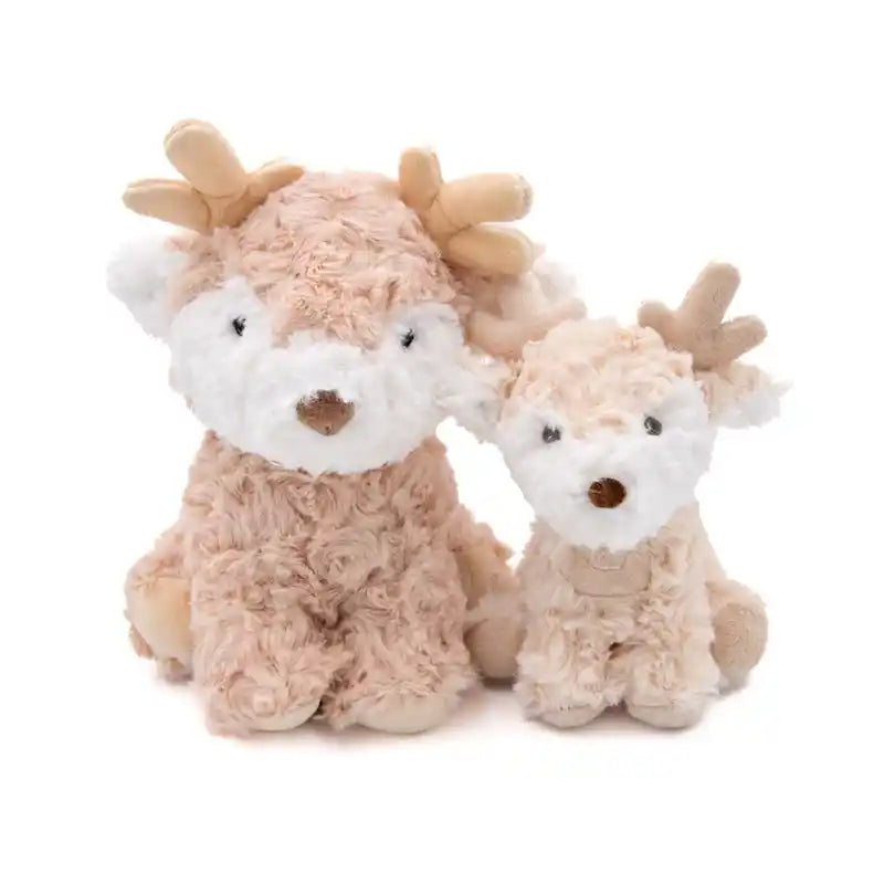Two plush deer dog toys in large and small sizes on a white background.