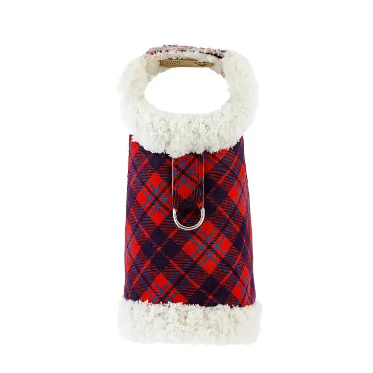 Susan Lanci Plaid Scotty Bowzer Dog Coat in chestnut red