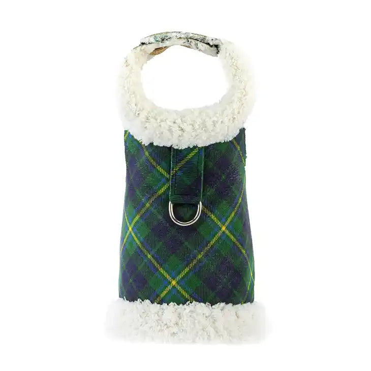 Susan Lanci Plaid Scotty Bowzer Dog Coat in forest green