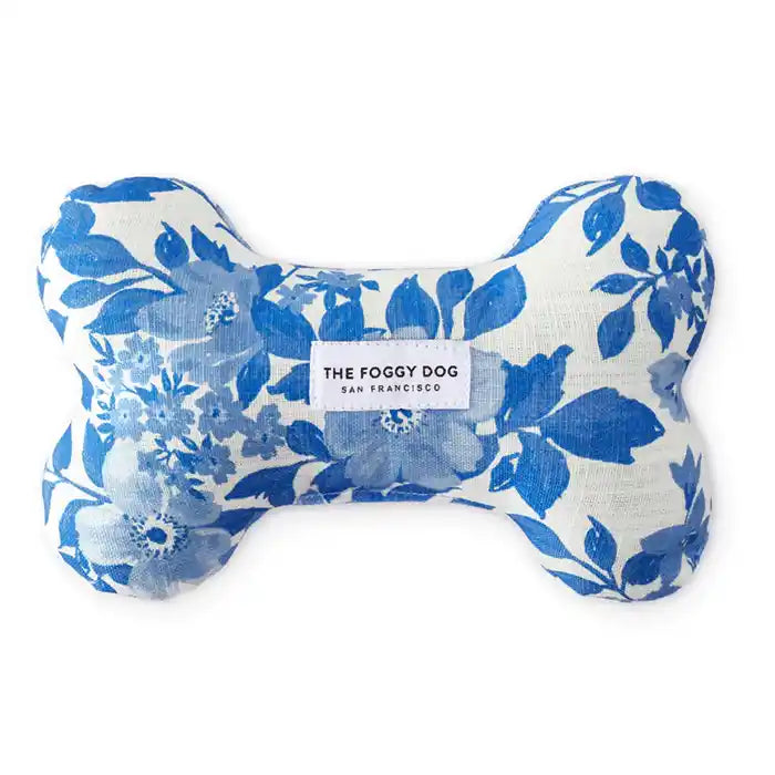 foggy dog blue roses bone plush squeaky toy