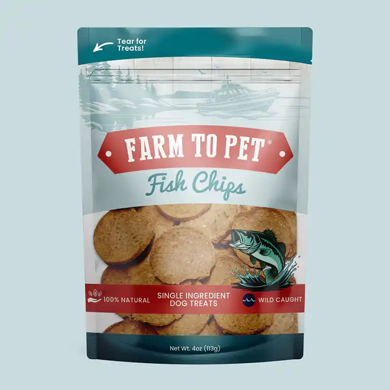 Bag of Farm to Pet Fish Chips dog treats.