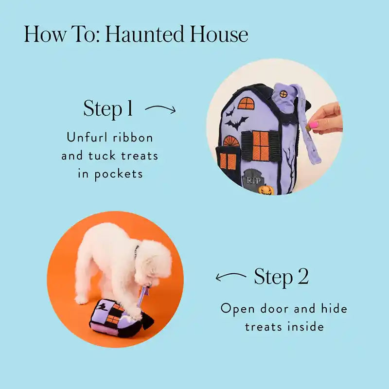 Guide showing how to hide dog treats in a plush haunted house toy.