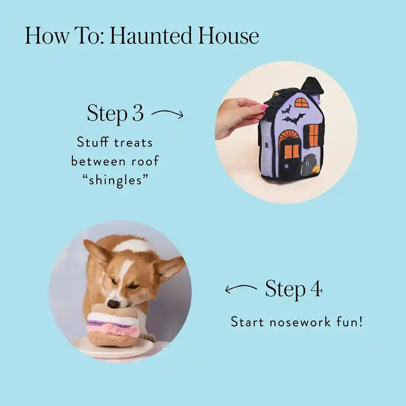Guide showing how to stuff treats in a plush haunted house toy