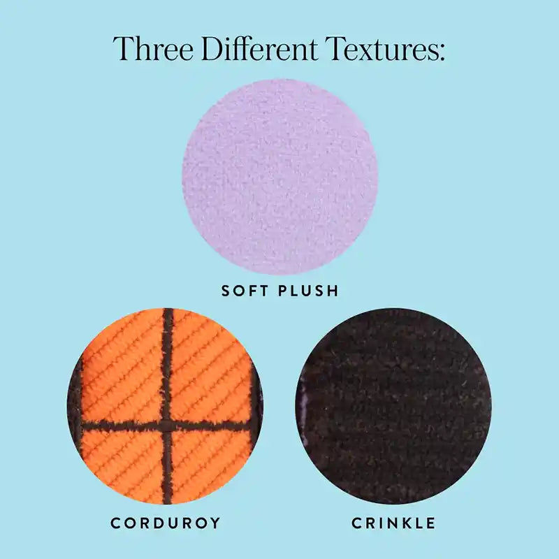Graphic highlighting three dog toy textures: soft plush, corduroy, and crinkle.