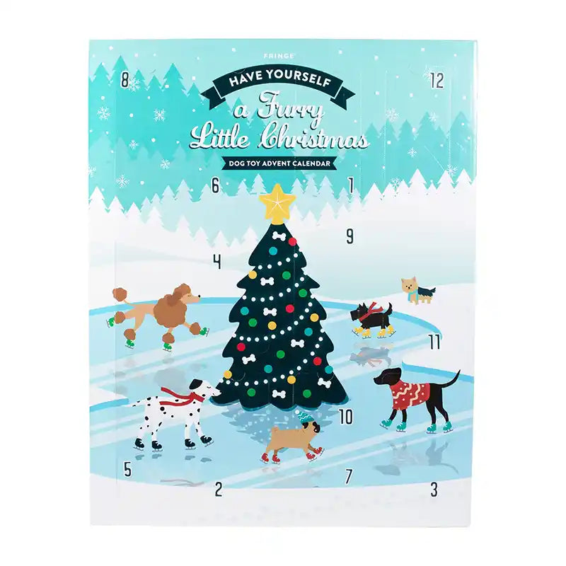 Dog toy advent calendar with cartoon dogs and a Christmas tree on a snowy background