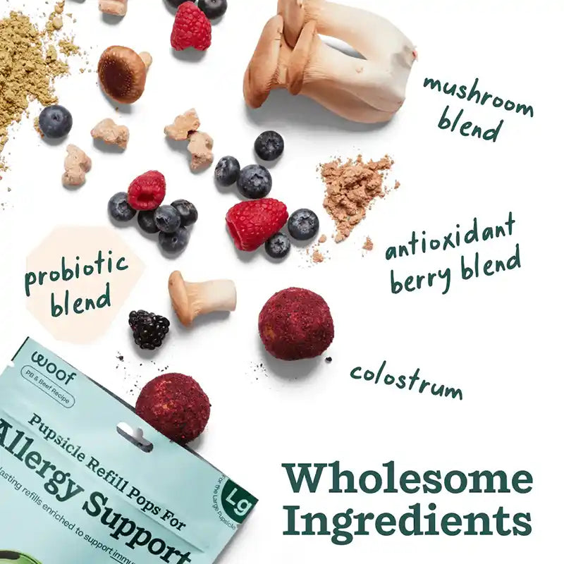 Wholesome ingredients including berries, mushrooms, and a product packaging with text on a white background.
