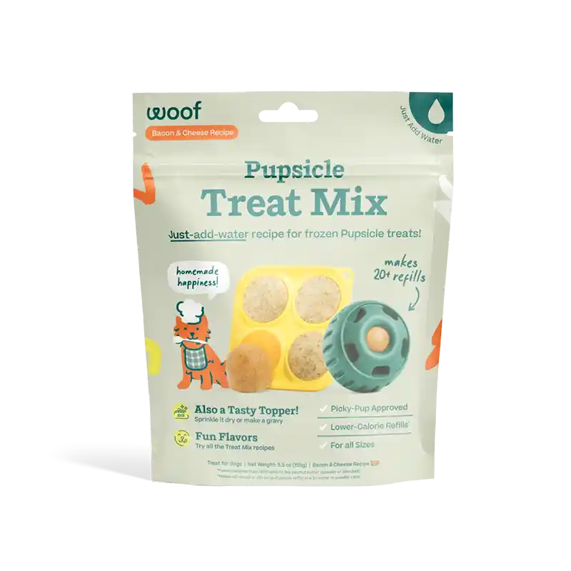 Package of Bacon & Cheese Pupsicle Treat Mix with 'woof' branding