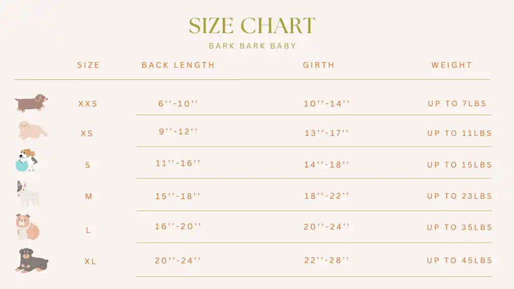 Size chart for bark bar baby dog sweaters