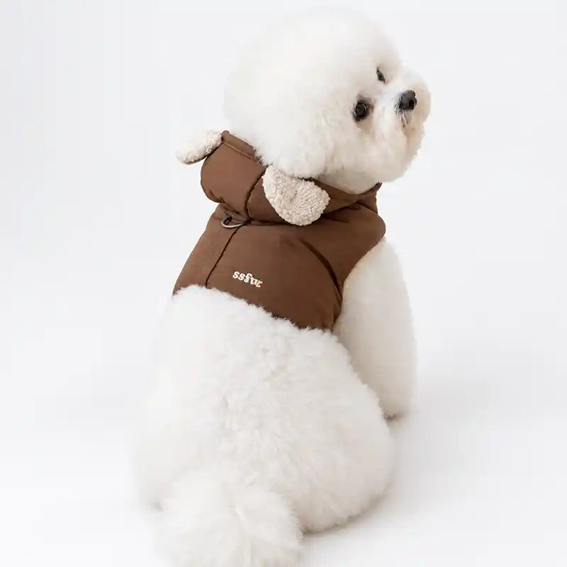 Brown puffer dog harness with a fleece-lined bear-ear hood, shown from behind.
