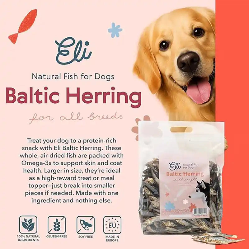 Eli Baltic Herring natural fish for dogs packaging with a dog holding the package.