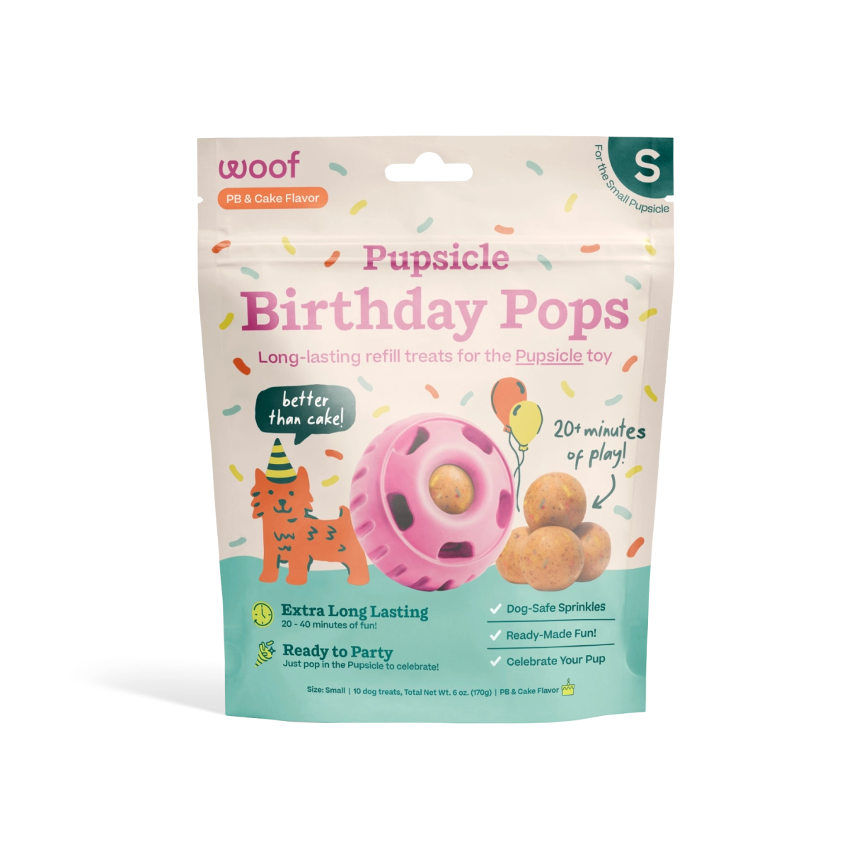 Package of Pupsicle Birthday Pops dog toy refill treats with colorful design and text.