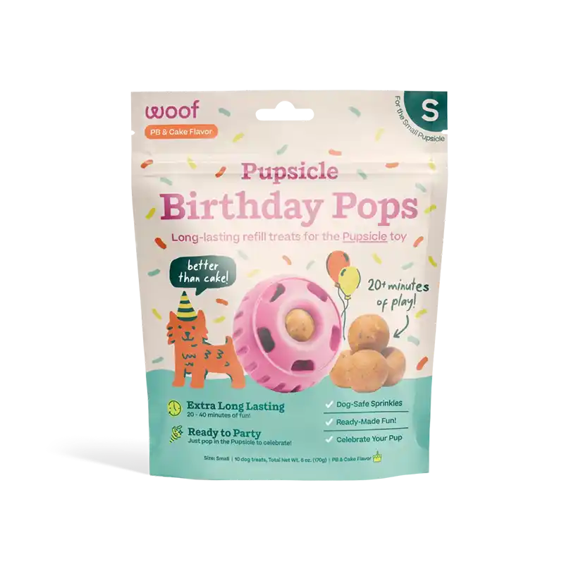 Package of Pupsicle Birthday Pops dog toy refill treats with colorful design and text.