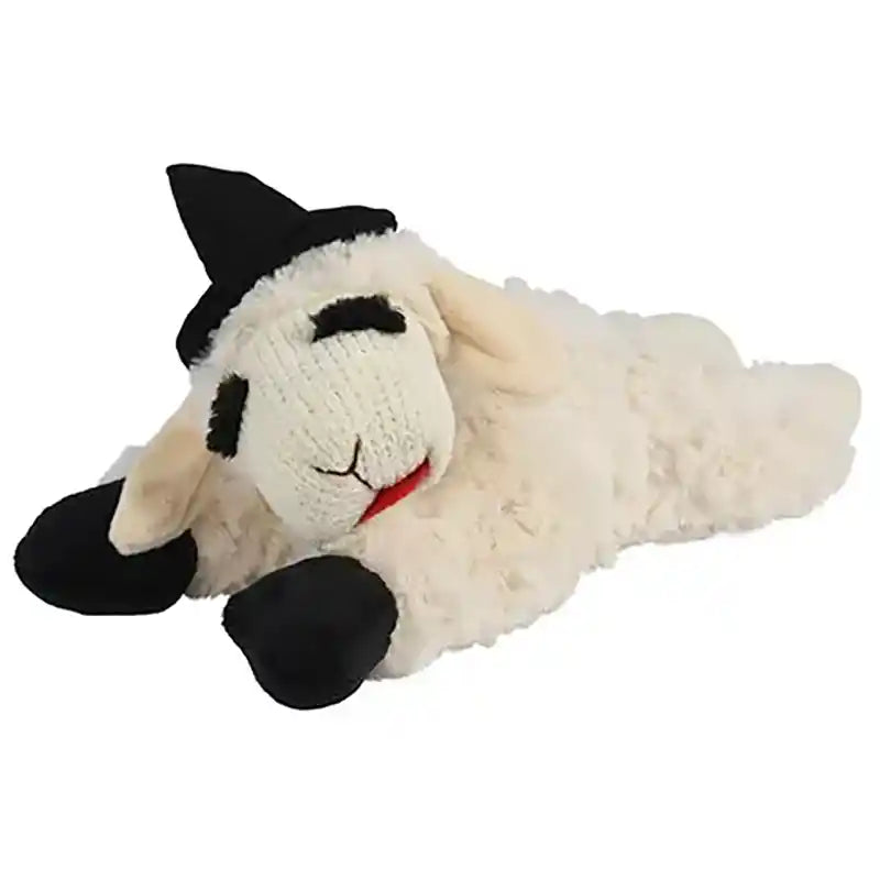 Plush Lamb Chop dog toy wearing a black hat.