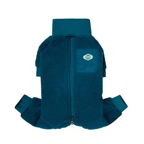 lavender outdoor dog onesie in teal