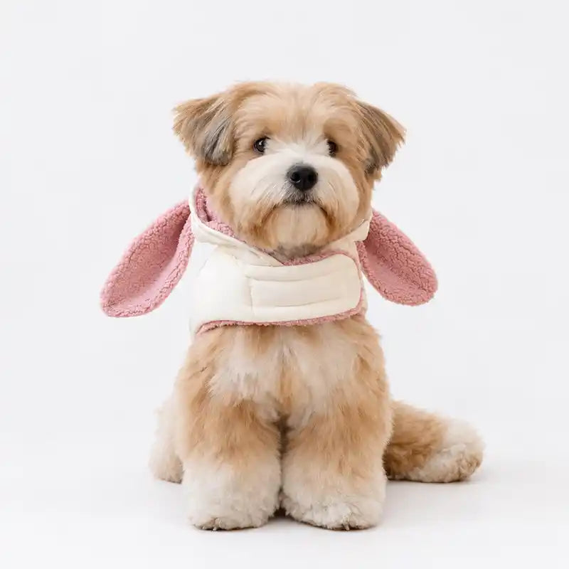 Ivory dog harness with pink fleece lining and floppy bunny ears, front view