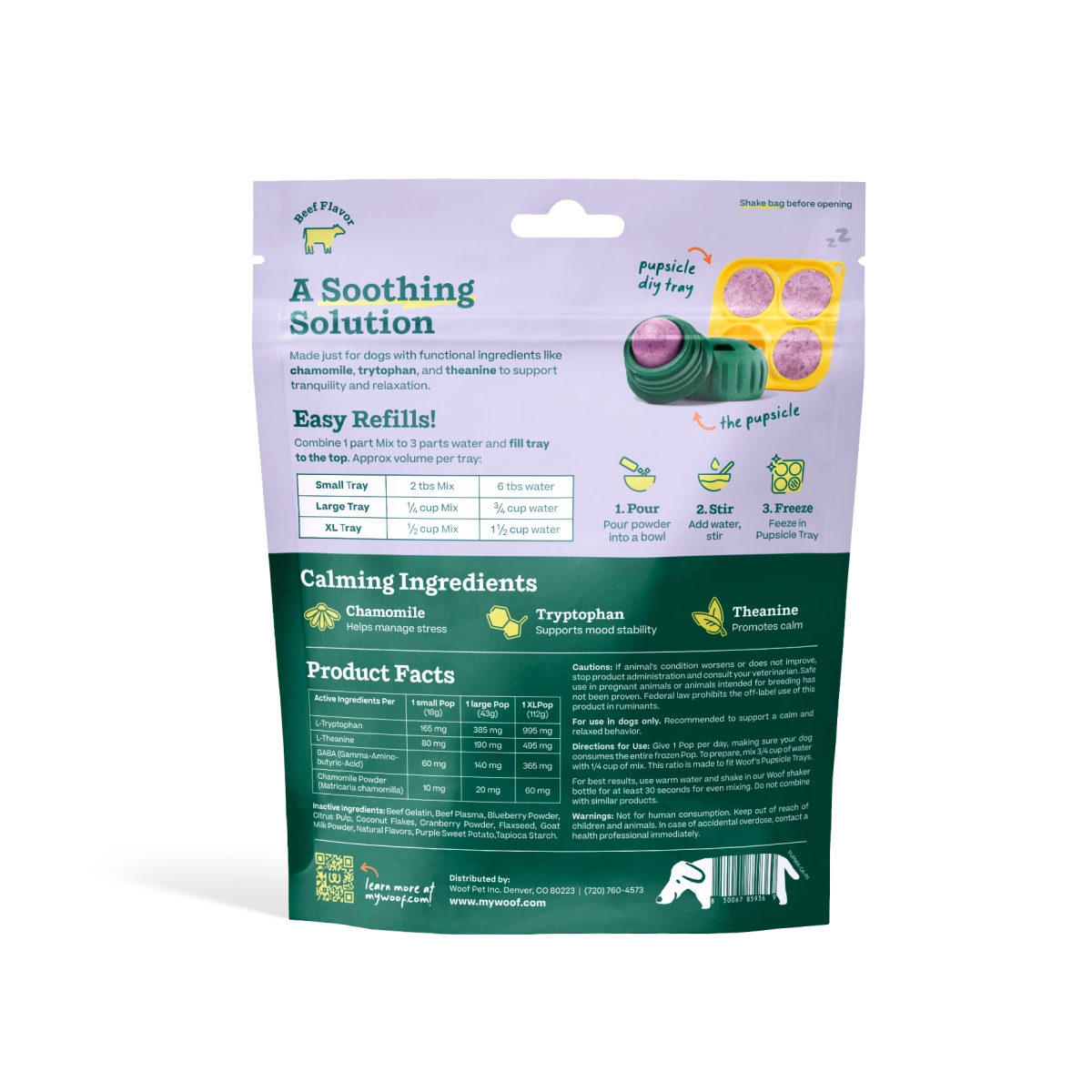 Back Package of Woof Pupsicle Calming Mix