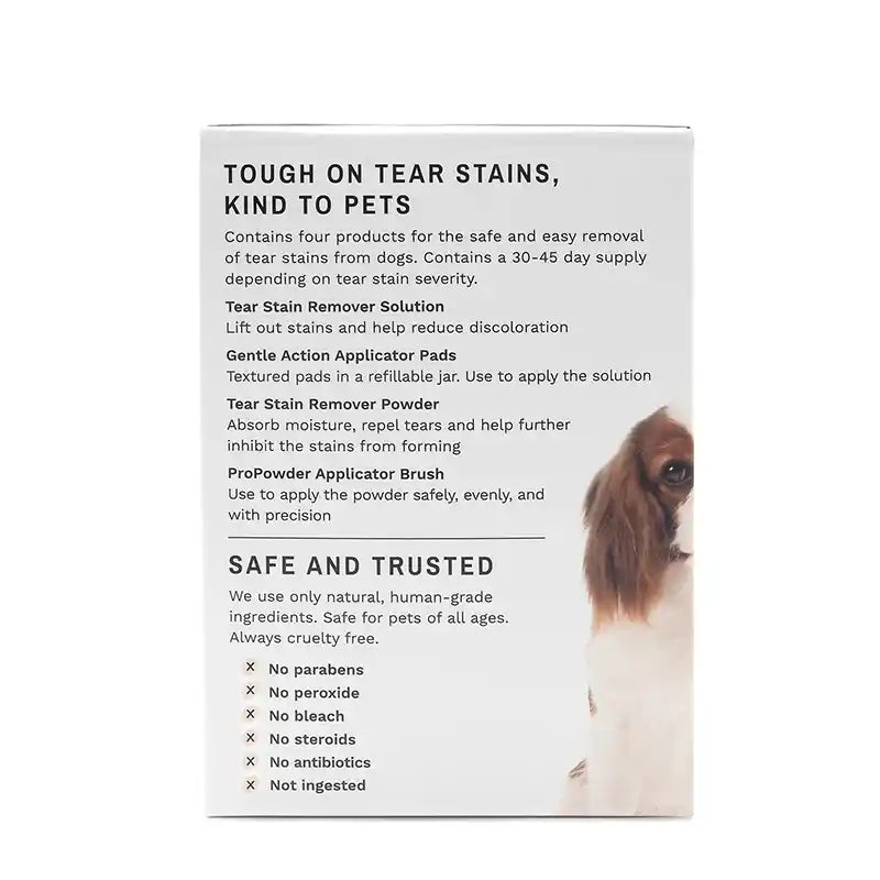 Product packaging for a tear stain removal system for dogs with text and a dog image on a white background.