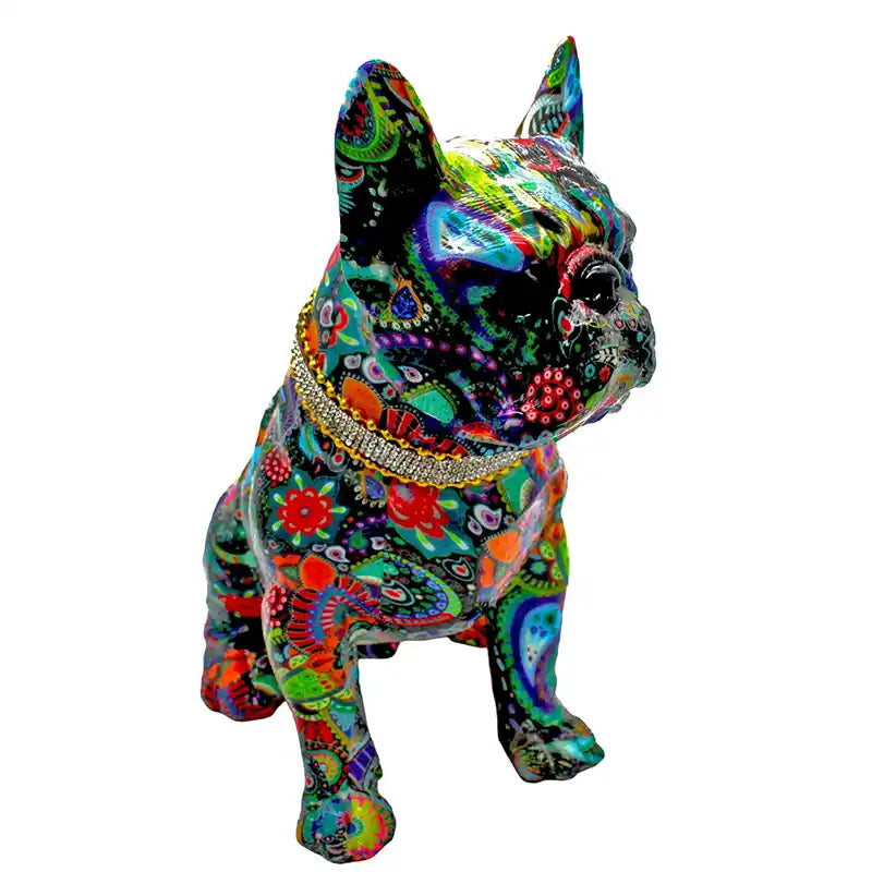 Bright colored flower design laminated onto a Frenchie statue on a white background