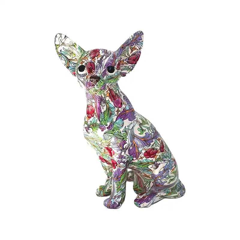Colorful floral-patterned chihuahua statue on a white background