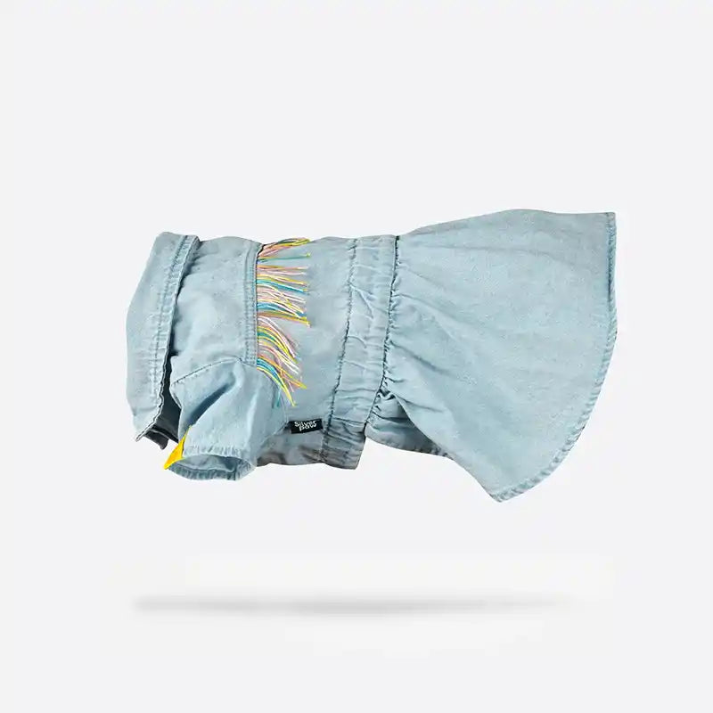 side view fringe denim dog dress