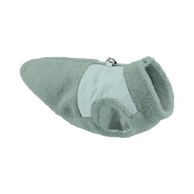 Light green fleece pet coat on a white background