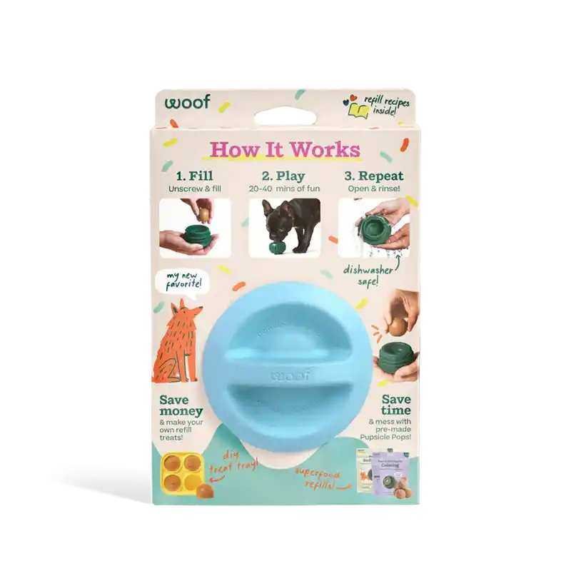 Packaging of the blue pupsicle with instructions on how to use it.