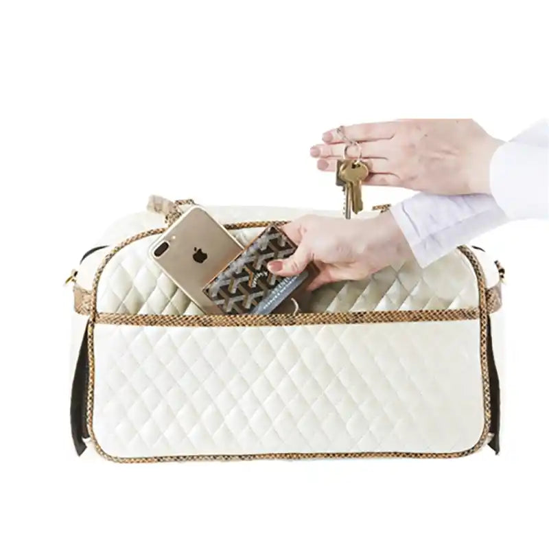 back view quilted ivory dog carrier