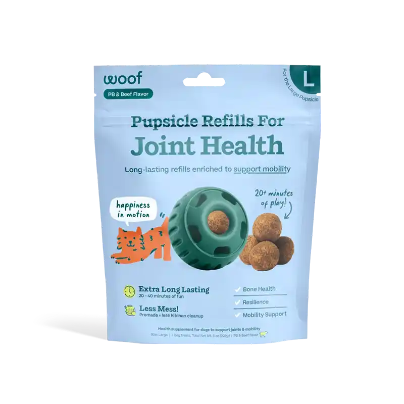 Package of 'Pupsicle Refills For Joint Health' with a blue background and 'woof' branding.