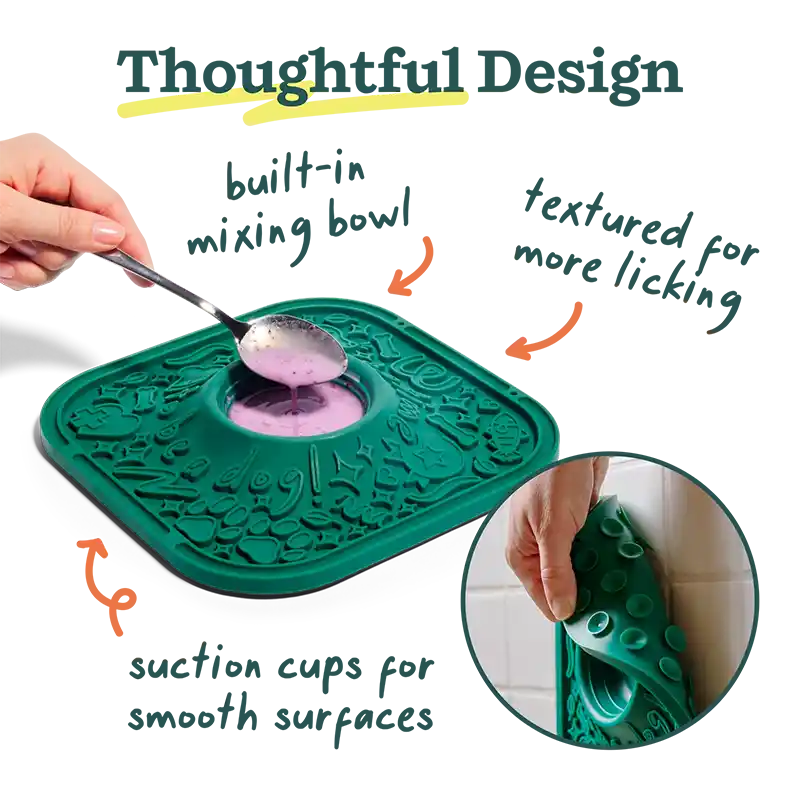 Green pet lick mat with built-in mixing bowl and suction cups, labeled 'Thoughtful Design'.