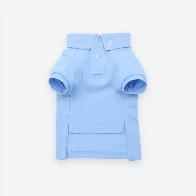 Light blue dog polo shirt on a white background