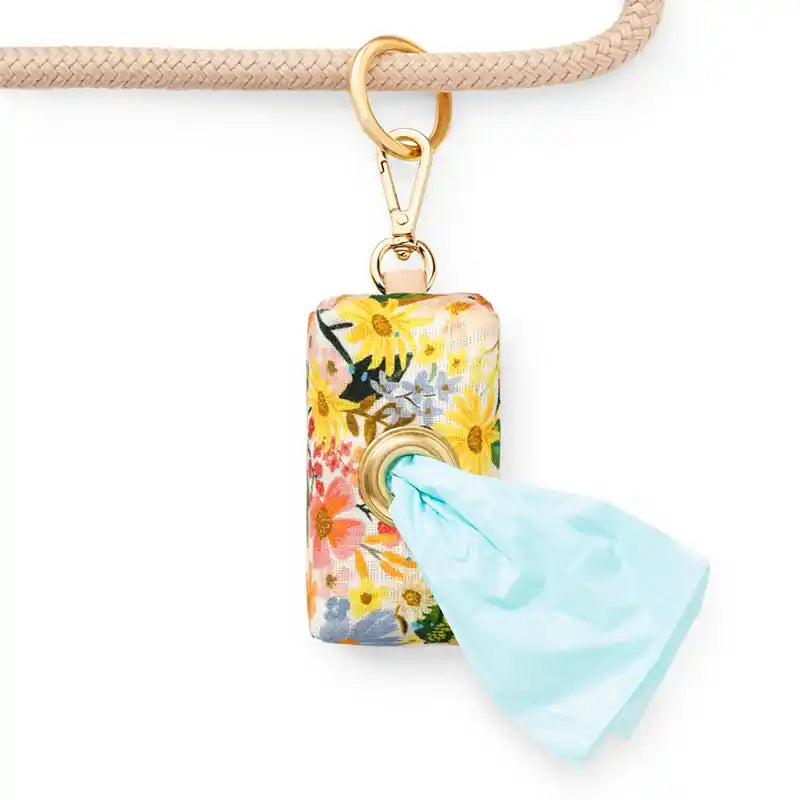 foggy dog floral marguerite poo bag on leash