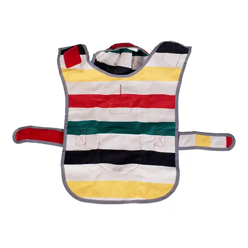 striped red yellow black green interior of a pendleton dog raincoat