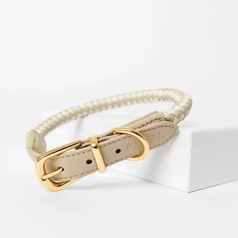 Beige braided dog collar with gold buckle on a white background