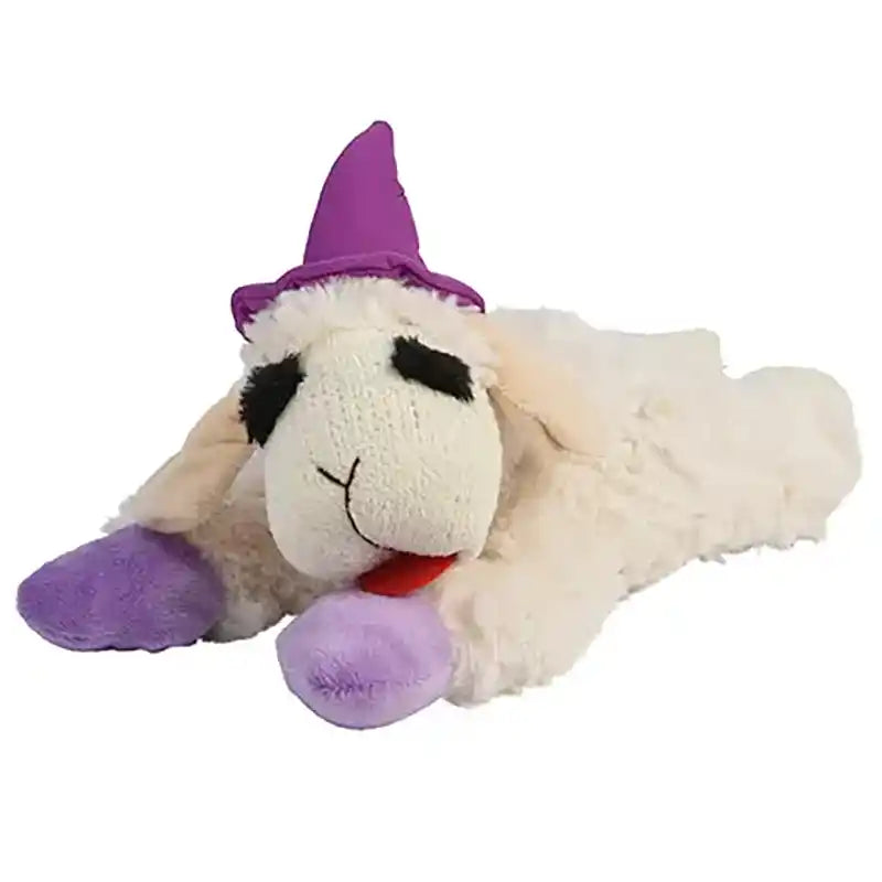 Plush Lamb Chop dog toy wearing a purple hat.