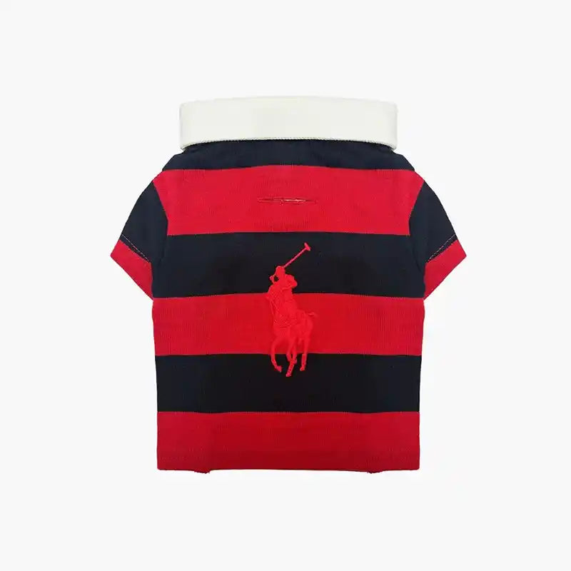 Red and navy striped rugby dog shirt with polo pony on back