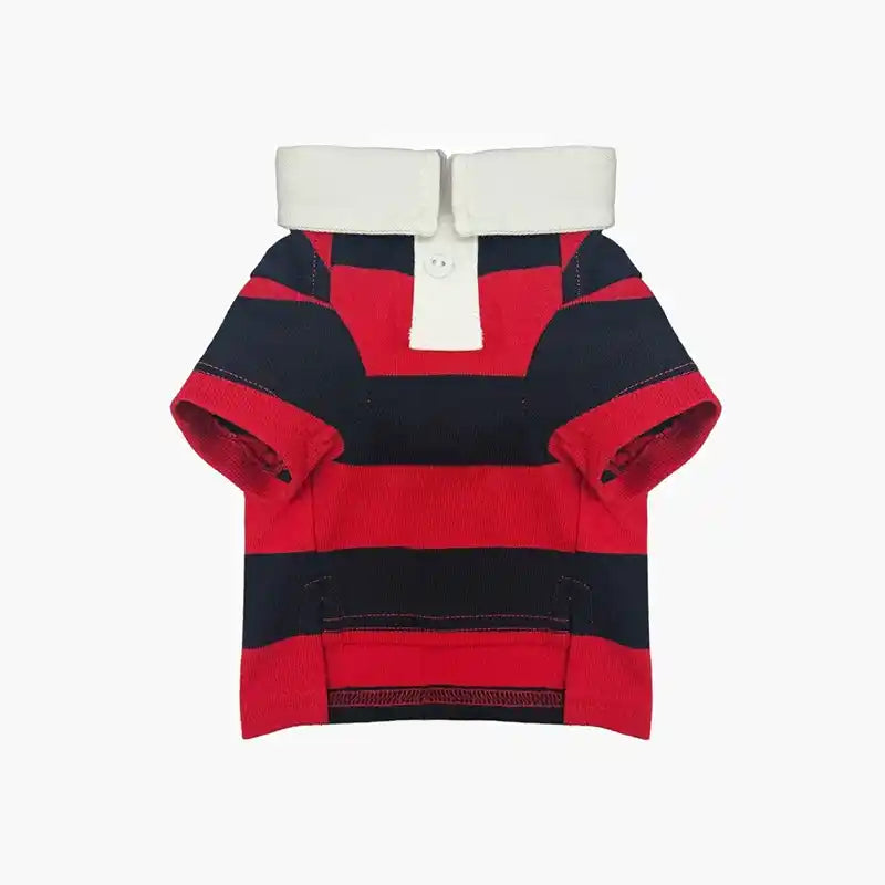 Red and navy striped dog rugby shirt with a white collar