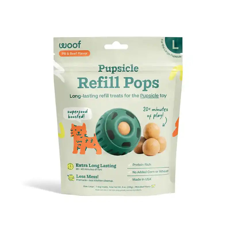 Package of Pupsicle Refill Pops for a dog toy with 'woof' branding.