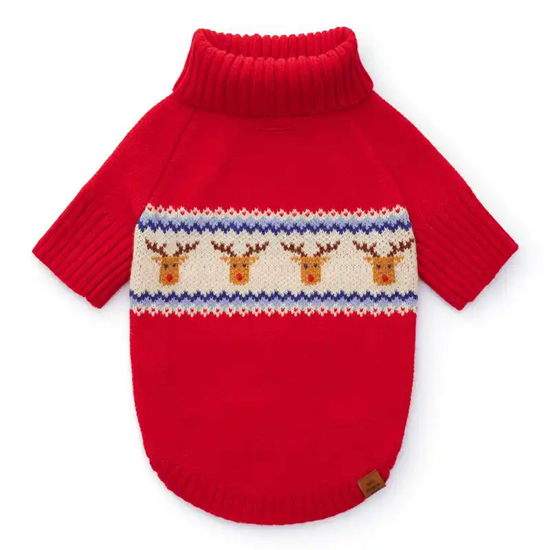 Red knitted dog sweater with reindeer pattern on a white background