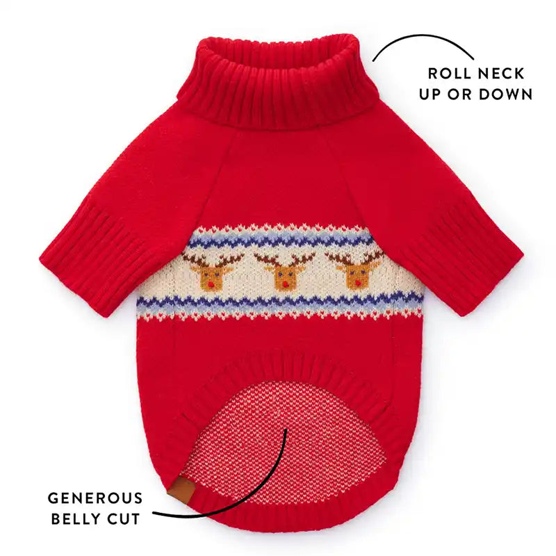 Red dog sweater with reindeer pattern on a white background
