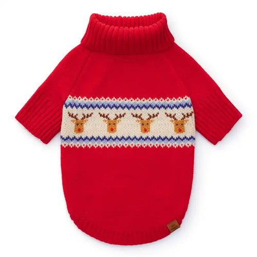 Red knitted dog sweater with reindeer pattern on a white background