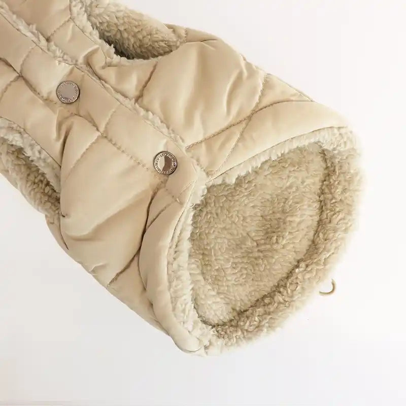tan puffer dog jacket with a sherpa lining