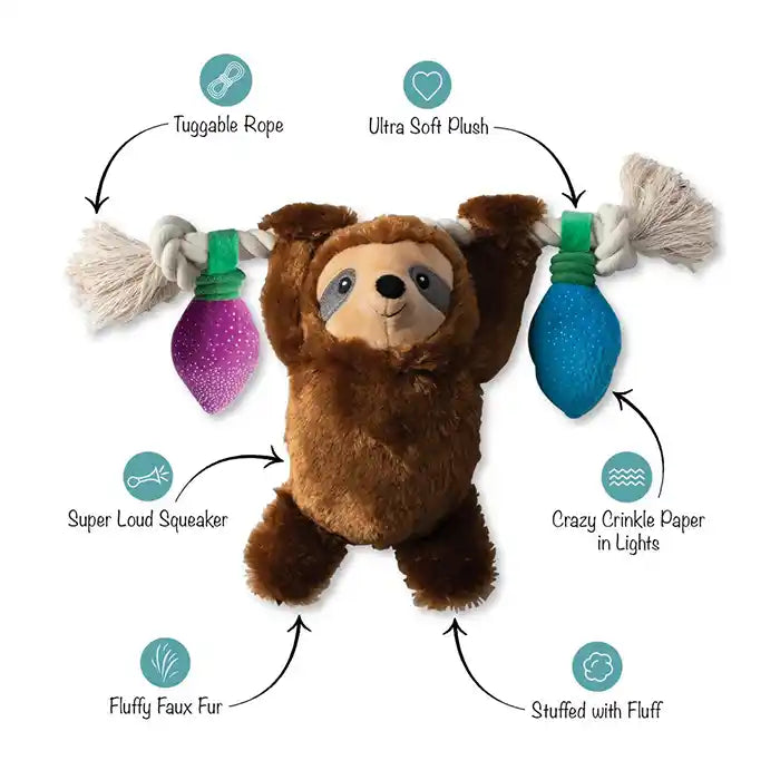 sloth hanging on Christmas lights dog toy diagram