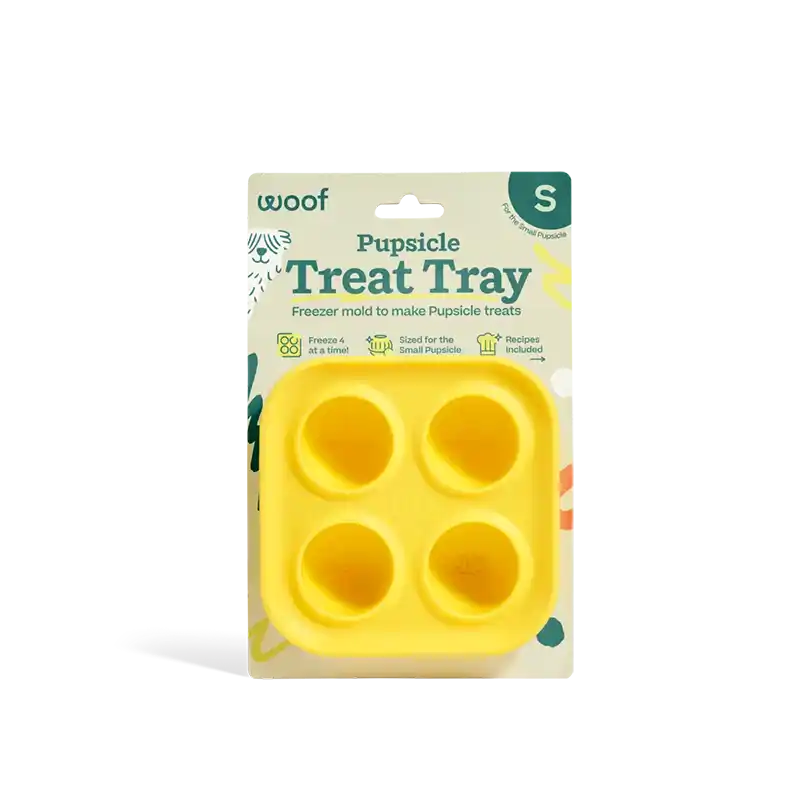 Yellow pupsicle treat tray in packaging with 'woof'