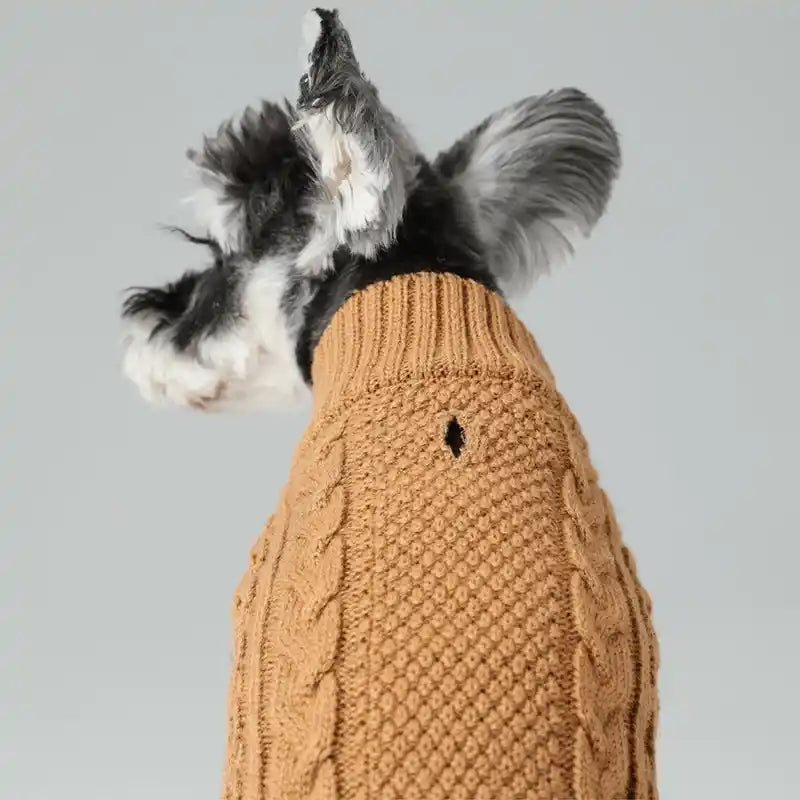 grey dog wearing a tan sweater - back view showing harness opening