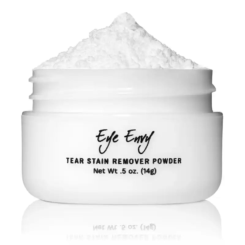 White jar of Eye Envy Tear Stain Remover Powder on a white background