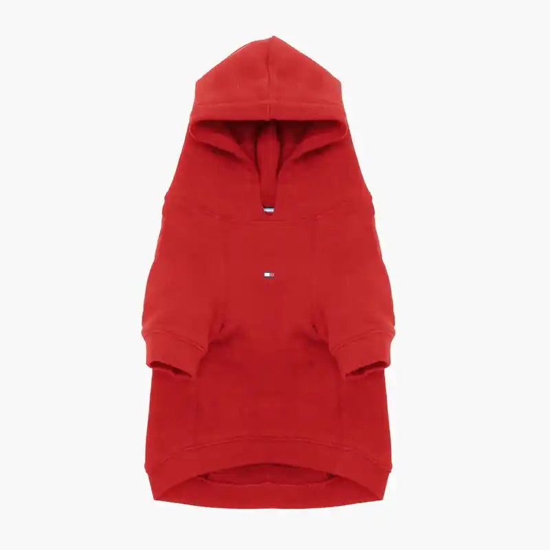 Tommy Hilfiger red dog hoodie shown from the front with long sleeves and chest logo