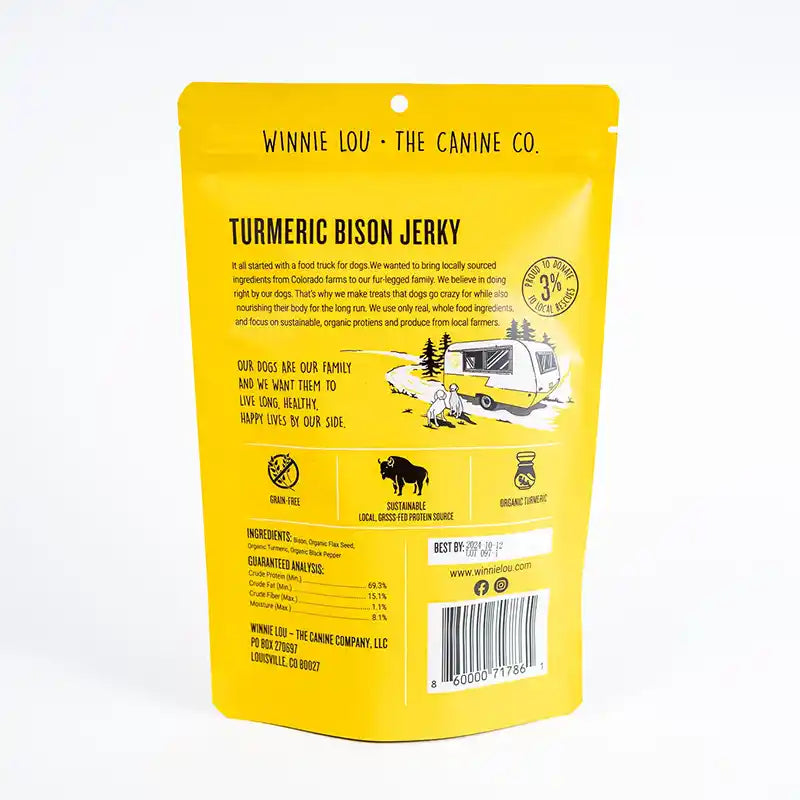 Yellow package of Winnie Lou Turmeric Bison Jerky with text and graphics on a white background