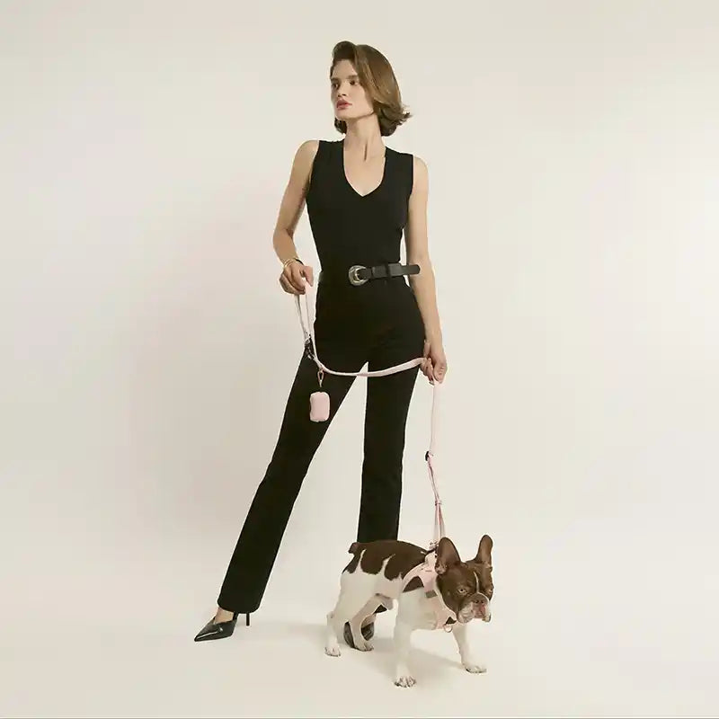 A woman holds a pink leash attached to a French Bulldog