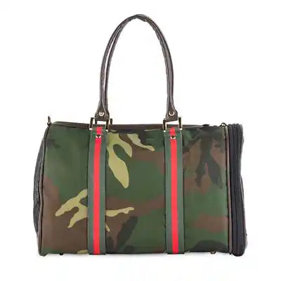 luxury camo pet carrier with green & red stripe trim
